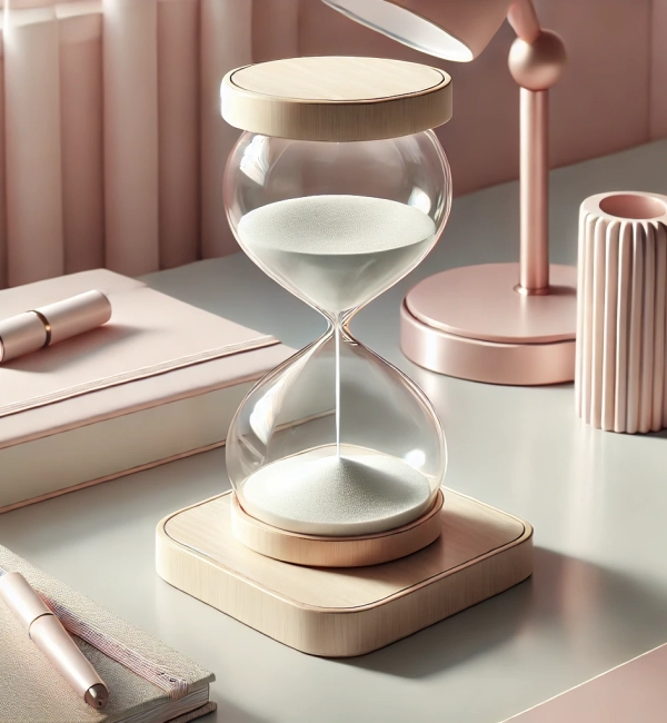 DALL·E 2025-02-04 17.48.19 - A highly realistic and detailed close-up image of an elegant hourglass on a feminine minimalist office desk. The hourglass features clear glass with f DALL·E 2025-02-04 17.48.19 - A highly realistic and detailed close-up image of an elegant hourglass on a feminine minimalist office desk. The hourglass features clear glass with f